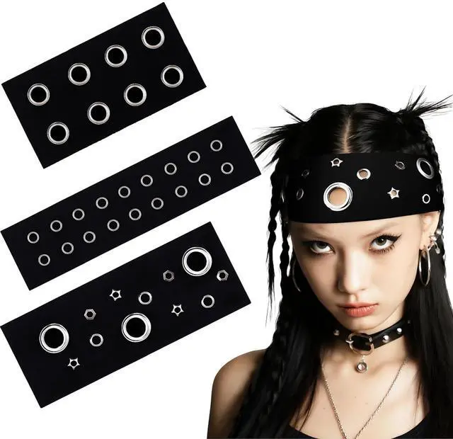 Main image of 3 Pcs Women Grommet Headband Y2k Punk Grunge Wide Hairbands Hollow out Eyelets Elastic Headband Casual Hair Accessory Fashionable Metal Hairbands Stretchy(Black,Classic)