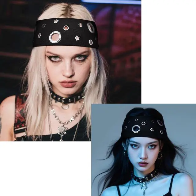 Alt view image 2 of 5 - 3 Pcs Women Grommet Headband Y2k Punk Grunge Wide Hairbands Hollow out Eyelets Elastic Headband Casual Hair Accessory Fashionable Metal Hairbands Stretchy(Black,Classic)