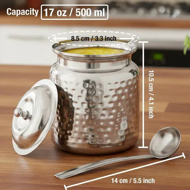 Alt view image 3 of 7 - Stainless Steel Hammered Oil and Ghee Container for Kitchen I Multipurpose Oil Container with Lid I Capacity of 17 oz