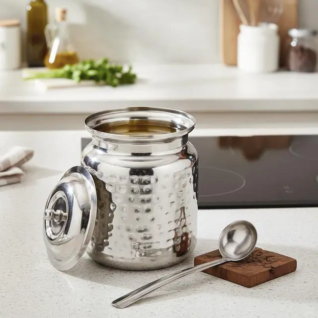 Alt view image 4 of 7 - Stainless Steel Hammered Oil and Ghee Container for Kitchen I Multipurpose Oil Container with Lid I Capacity of 17 oz