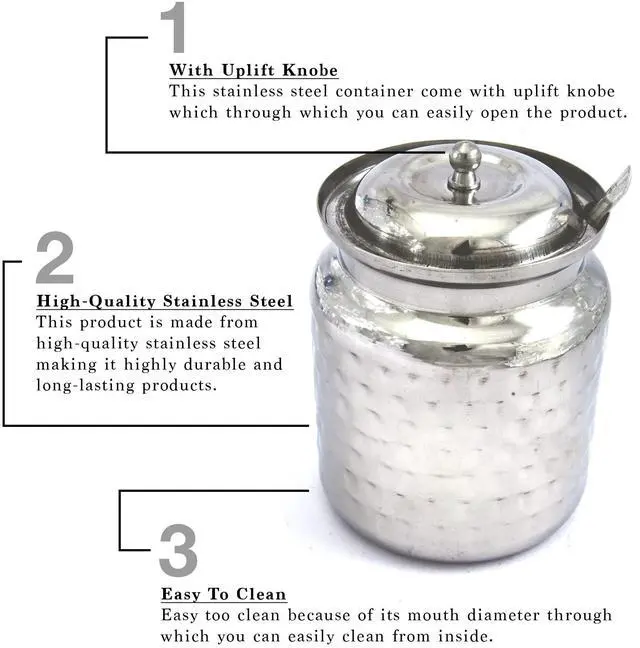 Alt view image 6 of 7 - Stainless Steel Hammered Oil and Ghee Container for Kitchen I Multipurpose Oil Container with Lid I Capacity of 17 oz