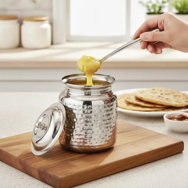 Alt view image 2 of 7 - Stainless Steel Hammered Oil and Ghee Container for Kitchen I Multipurpose Oil Container with Lid I Capacity of 17 oz