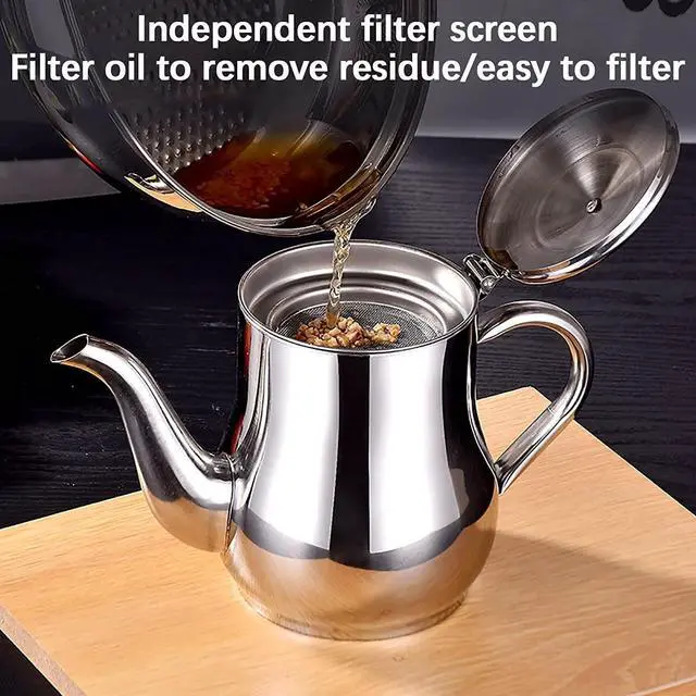 Alt view image 2 of 3 - Stainless Steel Oil Filter Pot, 24/32/48oz Cooking Grease Container, Bacon Grease Container with Fine Mesh Strainer Lid for Home Kitchen Cooking Storing Frying Oil Cooking Grease (24oz)