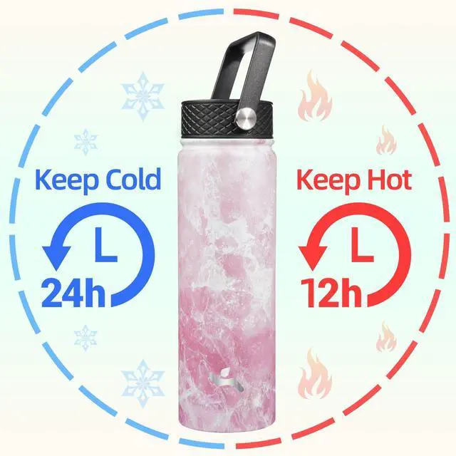 Alt view image 2 of 6 - 22oz Stainless Steel Bottles with 3 Lids Sport Insulated Water Bottle,Marble Blossom
