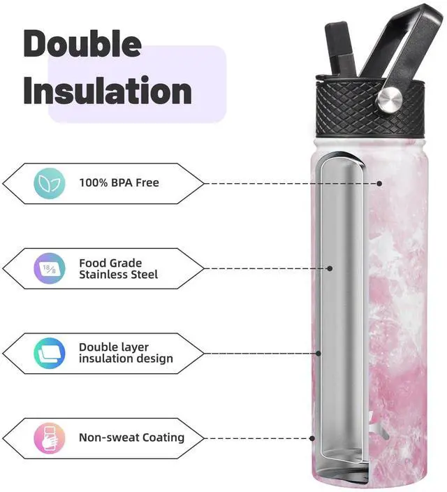Alt view image 4 of 6 - 22oz Stainless Steel Bottles with 3 Lids Sport Insulated Water Bottle,Marble Blossom