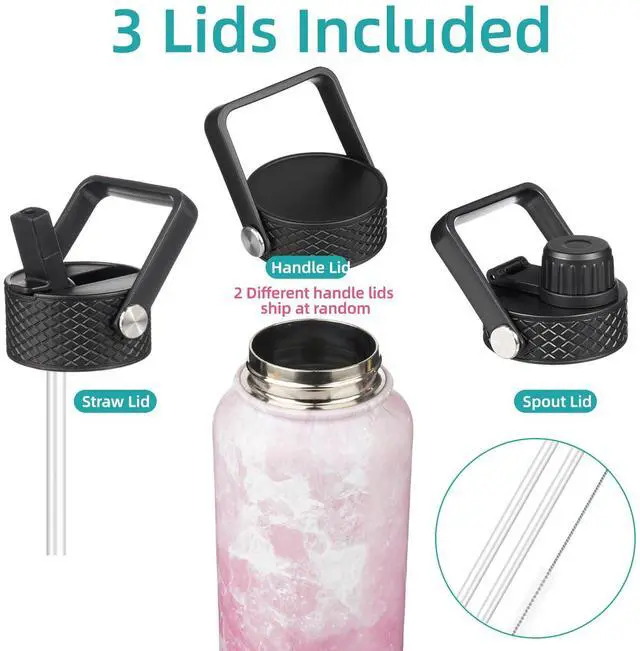 Alt view image 3 of 6 - 22oz Stainless Steel Bottles with 3 Lids Sport Insulated Water Bottle,Marble Blossom