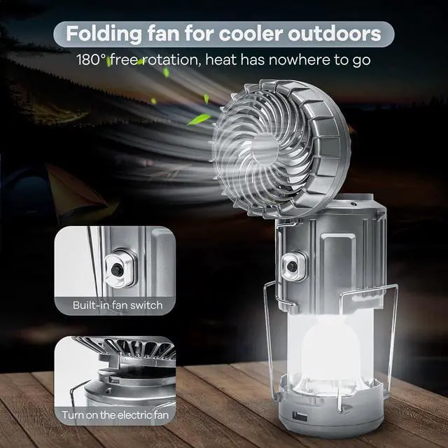 Alt view image 3 of 6 - Solar Camping Lantern with Fan & Phone Charger, Portable Rechargeable Power for Hurricanes, Emergency, Power Outage and Camping Gear, Silver