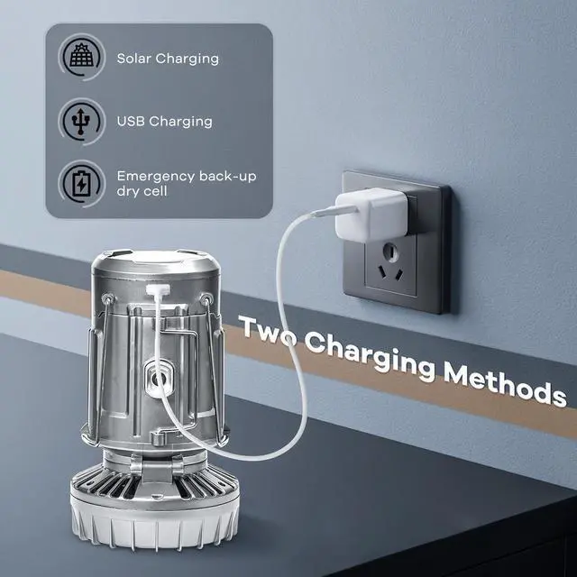 Alt view image 4 of 6 - Solar Camping Lantern with Fan & Phone Charger, Portable Rechargeable Power for Hurricanes, Emergency, Power Outage and Camping Gear, Silver