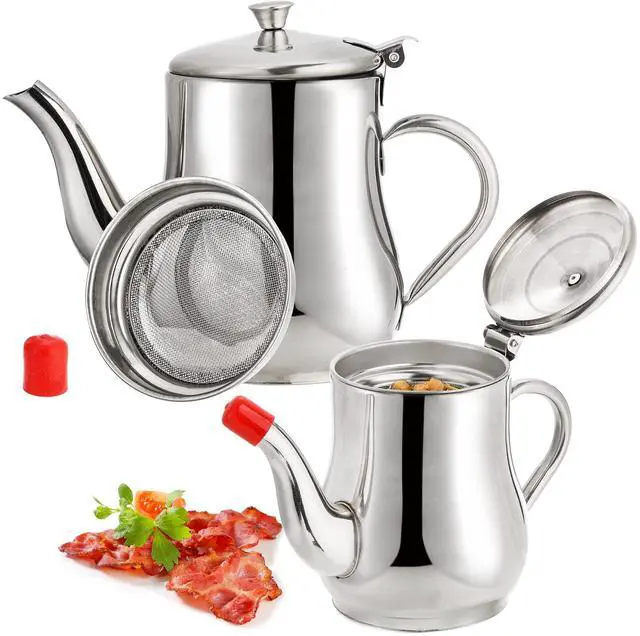 Main image of 2 Pack Bacon Grease Container with Mesh Strainer, 27oz 22oz Stainless Steel Oil Storage Pot for Storing Frying Oil and Cooking Grease