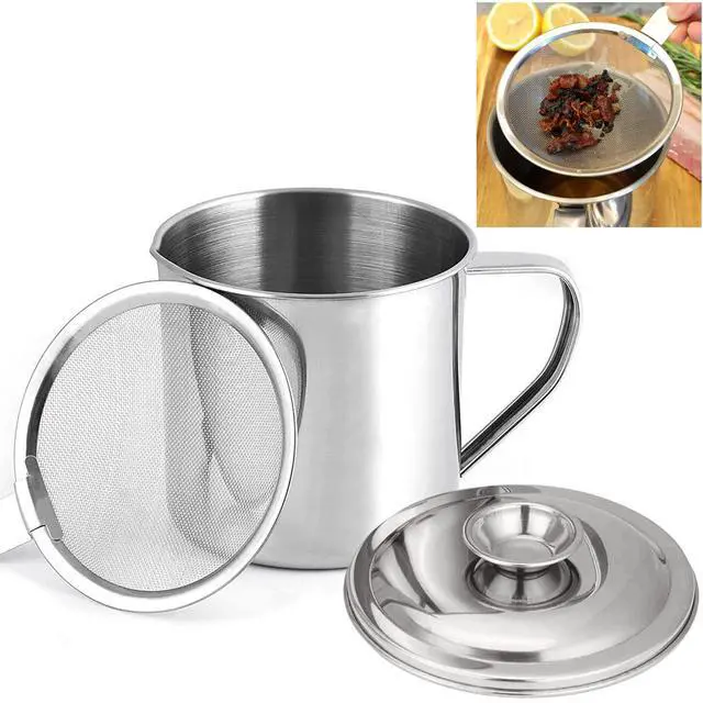 Main image of Bacon Grease Container with Strainer, Stainless Steel Oil Storage Can Container with Fine Mesh Strainer Fat Container Pot with Filter Screen, 1.25 QT / 5 Cups Grease Keeper Cooking Oil Keeper