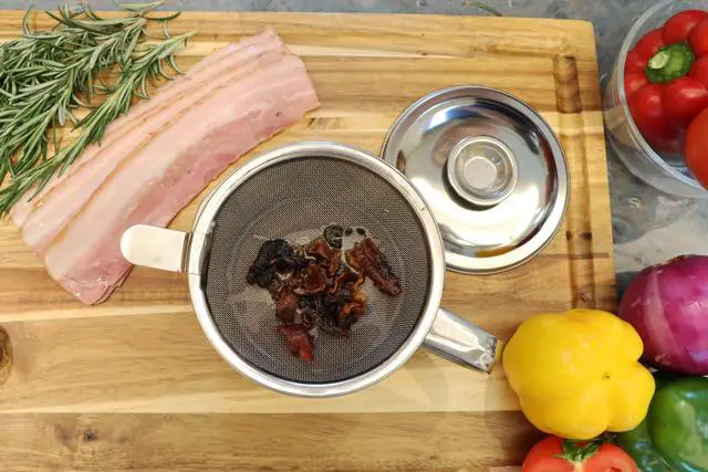 Alt view image 4 of 7 - Bacon Grease Container with Strainer, Stainless Steel Oil Storage Can Container with Fine Mesh Strainer Fat Container Pot with Filter Screen, 1.25 QT / 5 Cups Grease Keeper Cooking Oil Keeper