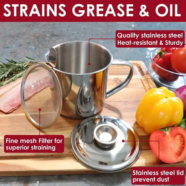 Alt view image 3 of 7 - Bacon Grease Container with Strainer, Stainless Steel Oil Storage Can Container with Fine Mesh Strainer Fat Container Pot with Filter Screen, 1.25 QT / 5 Cups Grease Keeper Cooking Oil Keeper