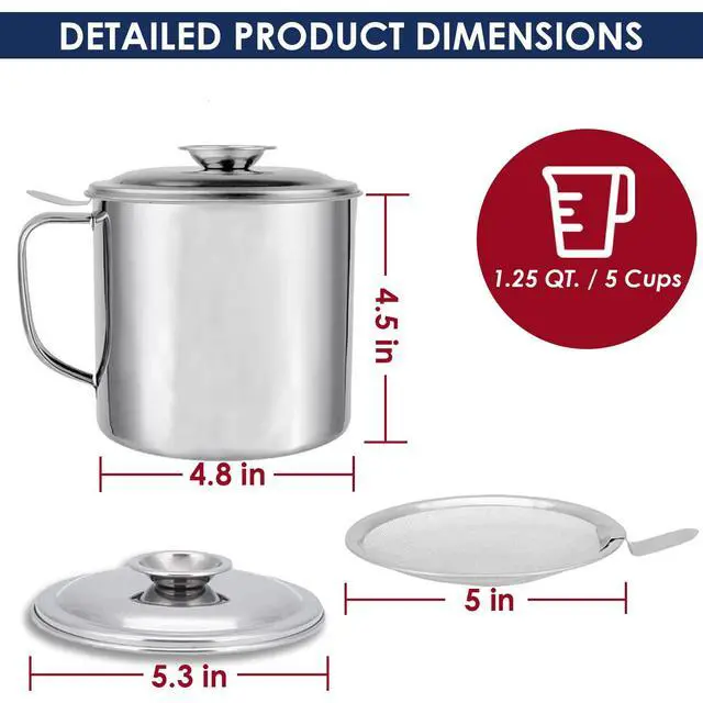 Alt view image 2 of 7 - Bacon Grease Container with Strainer, Stainless Steel Oil Storage Can Container with Fine Mesh Strainer Fat Container Pot with Filter Screen, 1.25 QT / 5 Cups Grease Keeper Cooking Oil Keeper