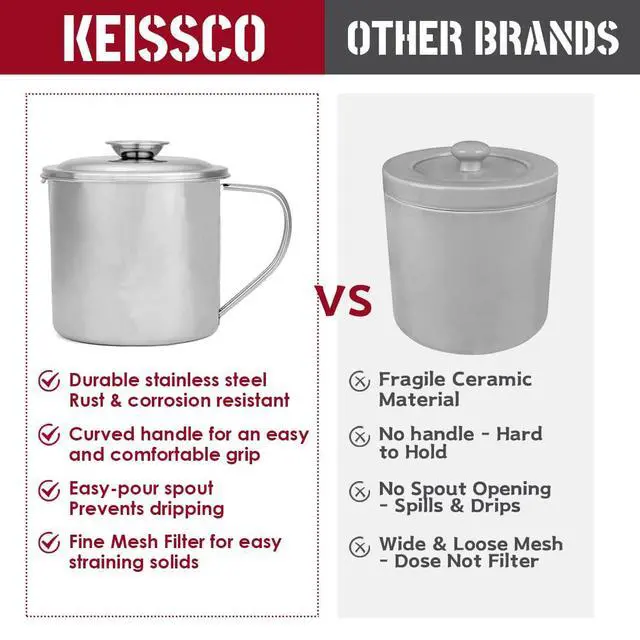 Alt view image 7 of 7 - Bacon Grease Container with Strainer, Stainless Steel Oil Storage Can Container with Fine Mesh Strainer Fat Container Pot with Filter Screen, 1.25 QT / 5 Cups Grease Keeper Cooking Oil Keeper