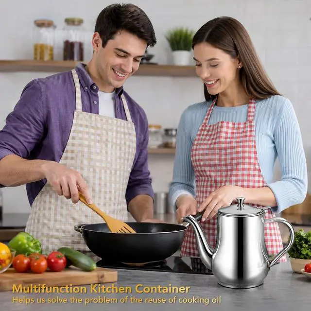 Alt view image 7 of 7 - 2 Pack Bacon Grease Container with Mesh Strainer, 27oz 22oz Stainless Steel Oil Storage Pot for Storing Frying Oil and Cooking Grease