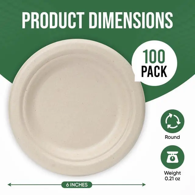 Alt view image 2 of 7 - Paper Plates 6 Inches, 100 Pack Disposable Plates 100% Compostable Plates, Water & Oil Proof Dessert Plates, Microwavable Small Paper Plates, Perfect Paper Plate For Party - Brown