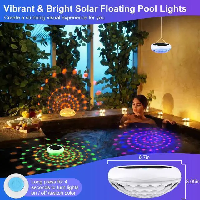 Alt view image 6 of 6 - 2-in-1 Solar and Rechargeable Floating Pool Lights: 6.7" Pool Lights that Float 6 Dynamic Modes with Remote IP68 Waterproof Hang RGB Upper and Lower Bathtub Light for Garden Pond 1 Pack