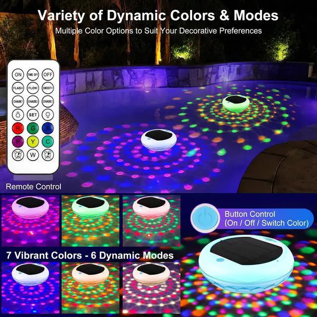 Alt view image 2 of 6 - 2-in-1 Solar and Rechargeable Floating Pool Lights: 6.7" Pool Lights that Float 6 Dynamic Modes with Remote IP68 Waterproof Hang RGB Upper and Lower Bathtub Light for Garden Pond 1 Pack