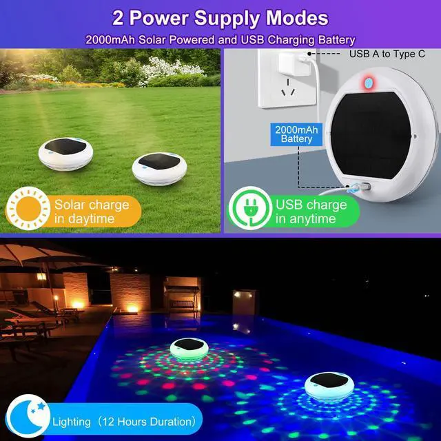 Alt view image 3 of 6 - 2-in-1 Solar and Rechargeable Floating Pool Lights: 6.7" Pool Lights that Float 6 Dynamic Modes with Remote IP68 Waterproof Hang RGB Upper and Lower Bathtub Light for Garden Pond 1 Pack