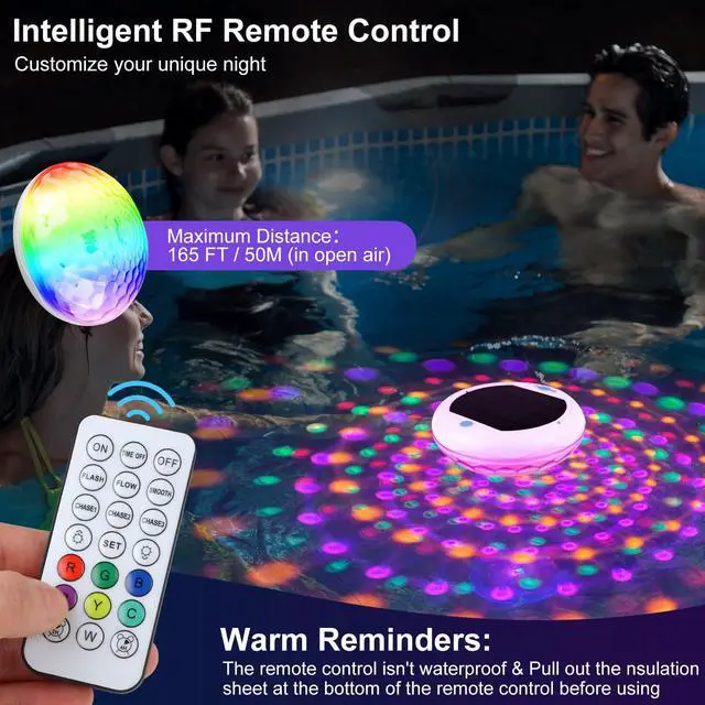 Alt view image 4 of 6 - 2-in-1 Solar and Rechargeable Floating Pool Lights: 6.7" Pool Lights that Float 6 Dynamic Modes with Remote IP68 Waterproof Hang RGB Upper and Lower Bathtub Light for Garden Pond 1 Pack