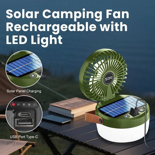 Alt view image 4 of 5 - Solar Camping Fan Rechargeable Camping Light, Folding Portable Solar Outdoor Lights with USB Output for Camping Tent, Mountain, Emergency (Green)