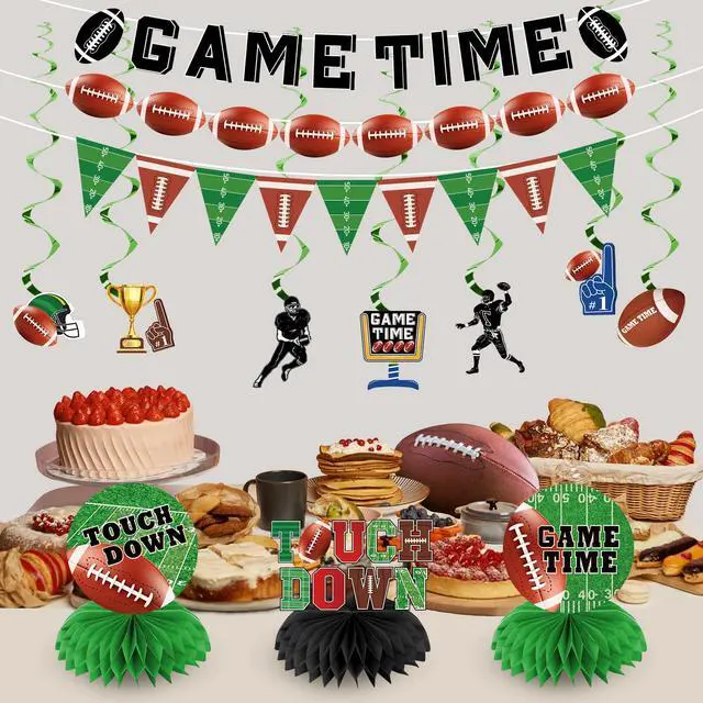 Alt view image 4 of 5 - Football Party Decorations Kit, Game Time Football Theme Paper Banner Garland Banner Triangle Flags Banner Hanging Swirl Touch Down Honeycomb Centerpiece for Birthday & Tailgate Party Supplies