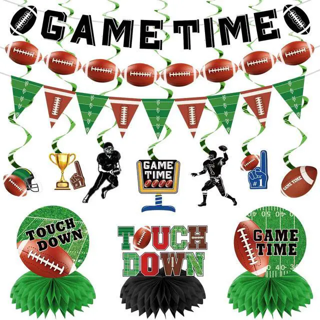 Main image of Football Party Decorations Kit, Game Time Football Theme Paper Banner Garland Banner Triangle Flags Banner Hanging Swirl Touch Down Honeycomb Centerpiece for Birthday & Tailgate Party Supplies