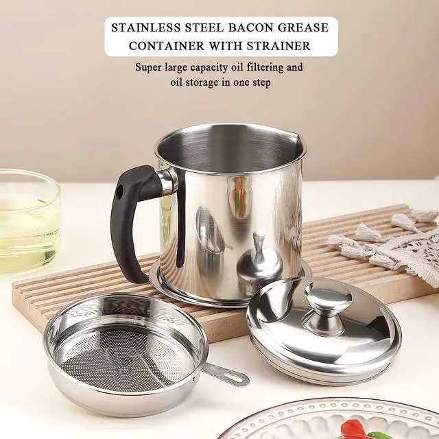 Alt view image 3 of 7 - Bacon Grease Container With Strainer, 48 oz Stainless Steel Oil Container, Pot Fat Storage With Lid, Easy Grip Handle Suitable For Storing Frying Oil And Cooking Grease 1. Silver