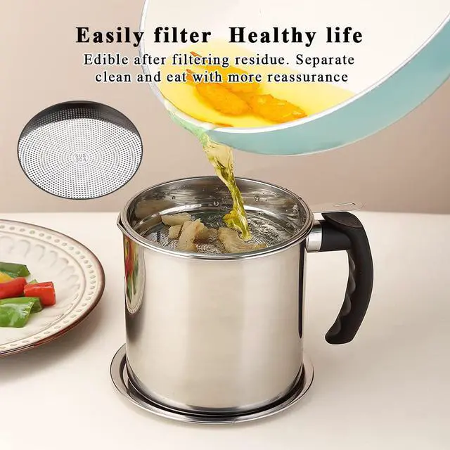Alt view image 4 of 7 - Bacon Grease Container With Strainer, 48 oz Stainless Steel Oil Container, Pot Fat Storage With Lid, Easy Grip Handle Suitable For Storing Frying Oil And Cooking Grease 1. Silver
