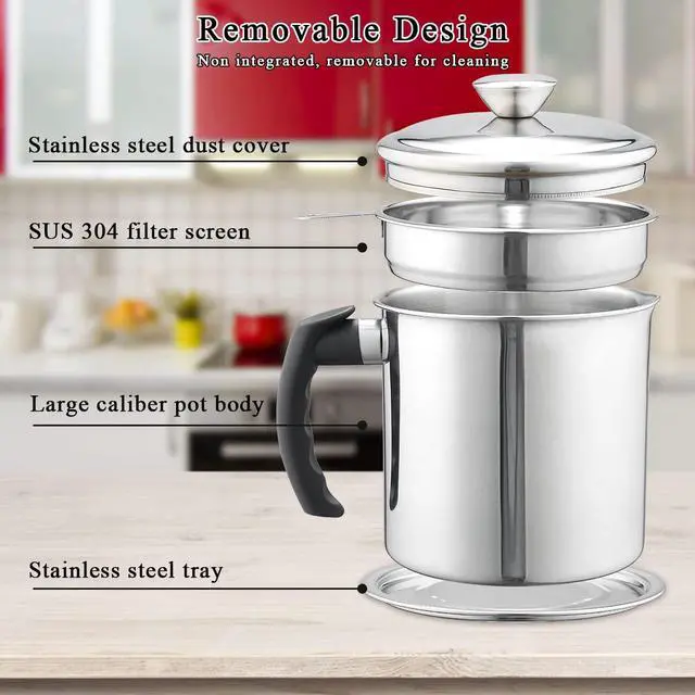 Alt view image 5 of 7 - Bacon Grease Container With Strainer, 48 oz Stainless Steel Oil Container, Pot Fat Storage With Lid, Easy Grip Handle Suitable For Storing Frying Oil And Cooking Grease 1. Silver