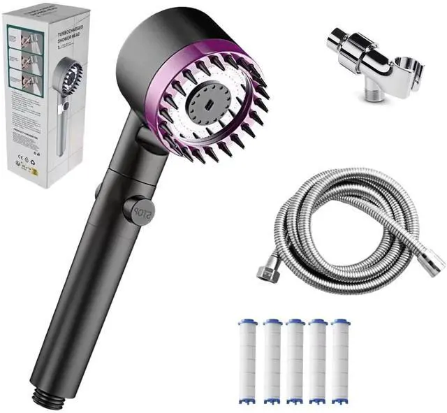 Main image of Filter-Type Shower Head with Handheld Device, High-Pressure, Three Spray Modes, 4-in-1 Removable Shower Head, Equipped with a 150 Cm Flexible Hose, Bracket, and Five Filters (Dark Purple)