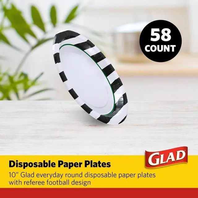 Alt view image 2 of 5 - Disposable Paper Plates, Referee Football Design - Soak Proof, Cut-Resistant, and Microwavable for All Foods, Great for Game Day, Parties, and Everyday Meals, Black/White, 10 Inch, 58 Count
