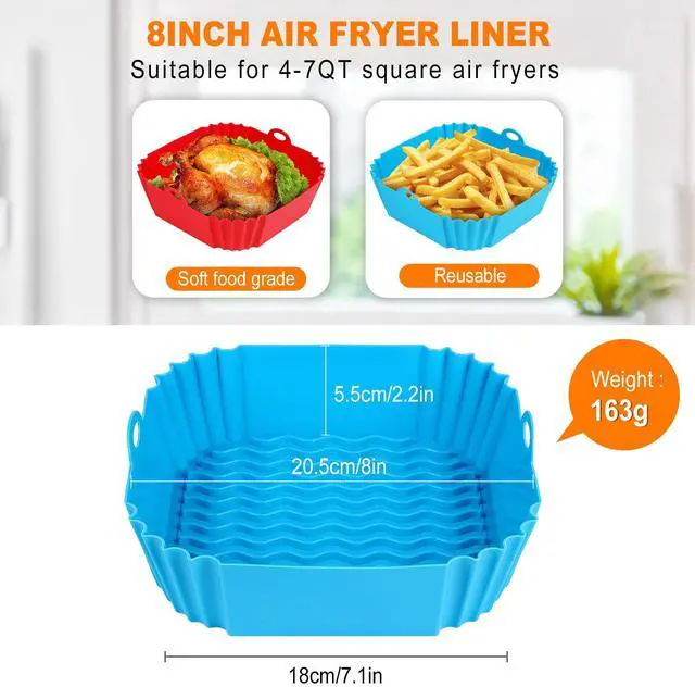 Alt view image 2 of 7 - 2 PCS Square Silicone Air Fryer Liners - 8 Inch Reusable Air Fryer Pot - Air Fryer Accessories - Air Fryer Inserts for 4 to 7 QT Oven Microwave Accessories (Red + Blue)