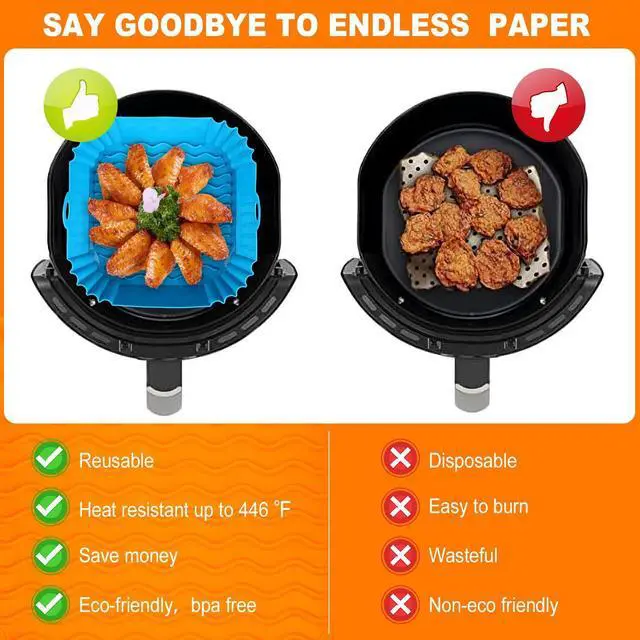 Alt view image 3 of 7 - 2 PCS Square Silicone Air Fryer Liners - 8 Inch Reusable Air Fryer Pot - Air Fryer Accessories - Air Fryer Inserts for 4 to 7 QT Oven Microwave Accessories (Red + Blue)