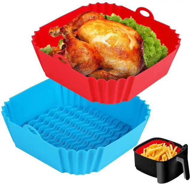 Main image of 2 PCS Square Silicone Air Fryer Liners - 8 Inch Reusable Air Fryer Pot - Air Fryer Accessories - Air Fryer Inserts for 4 to 7 QT Oven Microwave Accessories (Red + Blue)