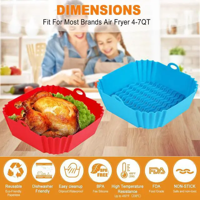 Alt view image 7 of 7 - 2 PCS Square Silicone Air Fryer Liners - 8 Inch Reusable Air Fryer Pot - Air Fryer Accessories - Air Fryer Inserts for 4 to 7 QT Oven Microwave Accessories (Red + Blue)