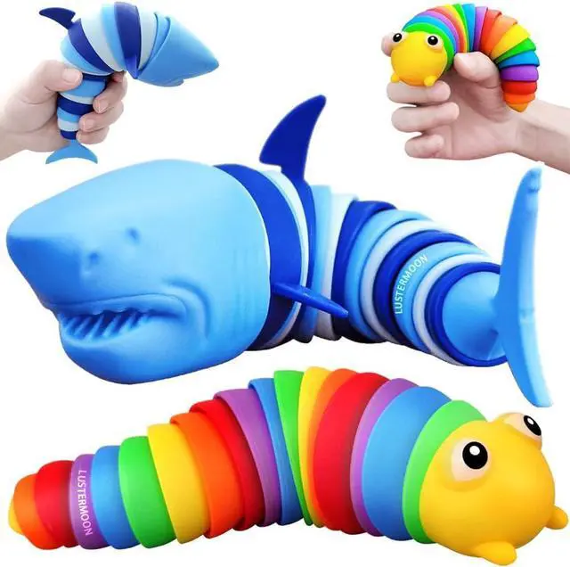 Main image of 2 Pieces Articulated Fidget Toy, Rainbow Caterpillar Toy Ocean Shark Decompression Toys, Stim Toy Decompression Fun Autism ADHD Fidgeting Children's Toys Adults (Shark and Caterpillar)