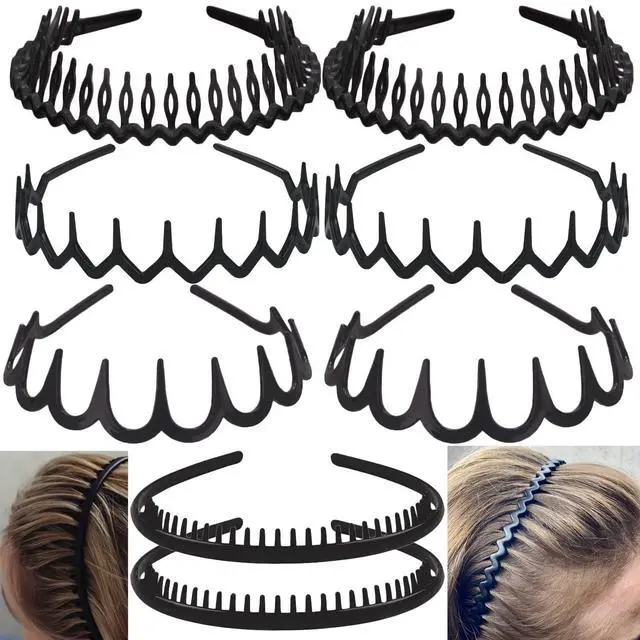 Main image of 8 PCS Fashion No Slip Effortless Plastic Headbands with Teeth Comb Black Skinny Hair Accessories Bands for Women Men Teen Girls, Matte Black