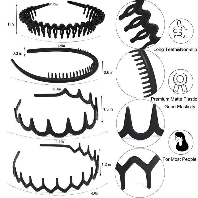 Alt view image 2 of 7 - 8 PCS Fashion No Slip Effortless Plastic Headbands with Teeth Comb Black Skinny Hair Accessories Bands for Women Men Teen Girls, Matte Black
