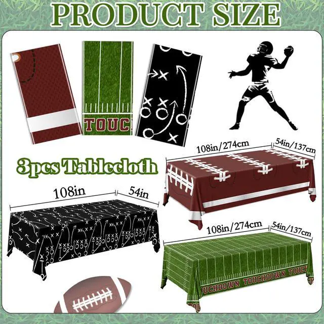 Alt view image 6 of 6 - Football Tablecloth 3 Pack Party Decorations Supplies 54"X108" Large Football Theme Disposable Plastic Table Cover for Birthday Game Day Tailgate Party Decor