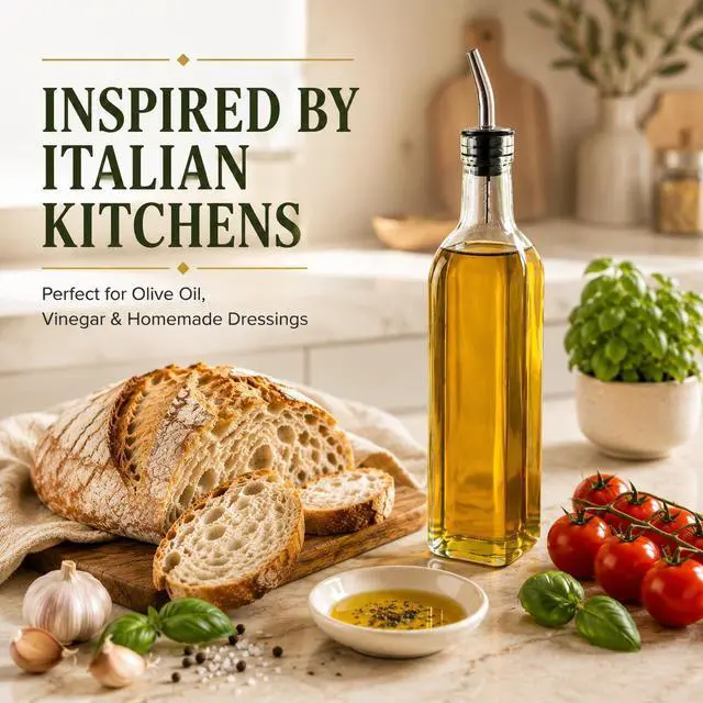 Alt view image 2 of 4 - Olive Oil Dispenser Bottle - 16 oz, Made in Italy Glass Olive Oil and Vinegar Cruet with Stainless Steel Spout for Kitchen, Slight Green Tint (1, 473 ml)
