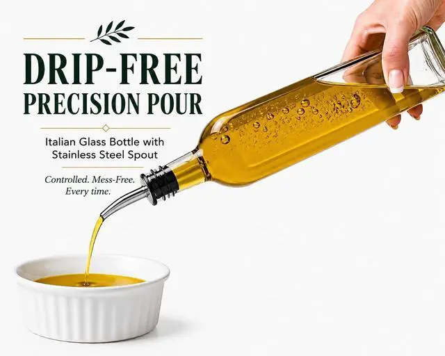 Alt view image 3 of 4 - Olive Oil Dispenser Bottle - 16 oz, Made in Italy Glass Olive Oil and Vinegar Cruet with Stainless Steel Spout for Kitchen, Slight Green Tint (1, 473 ml)