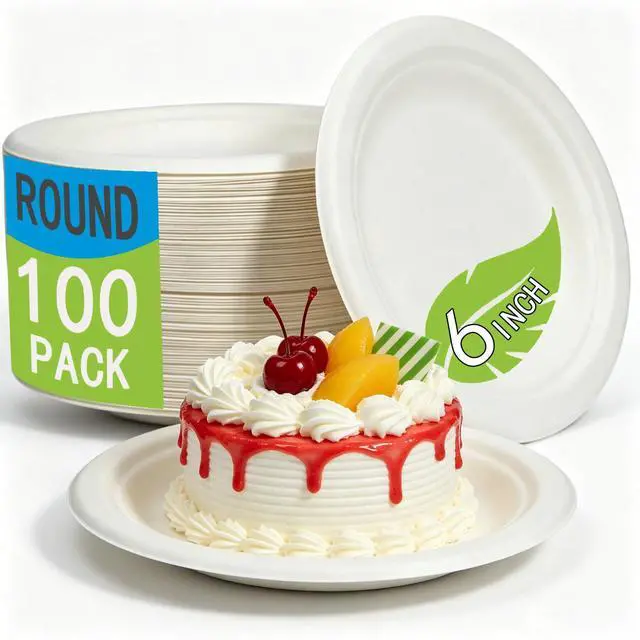 Main image of Disposable Paper Dessert Plates - 6 Inch Biodegradable Compostable Appetizer Plates for Party, Cake, Snacks (100 Pack, Heavy Duty Eco-Friendly) White Small Paper plates