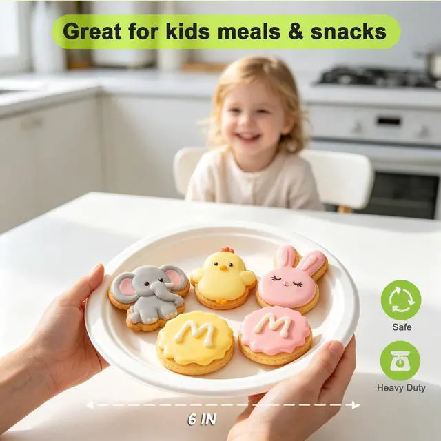 Alt view image 3 of 7 - Disposable Paper Dessert Plates - 6 Inch Biodegradable Compostable Appetizer Plates for Party, Cake, Snacks (100 Pack, Heavy Duty Eco-Friendly) White Small Paper plates