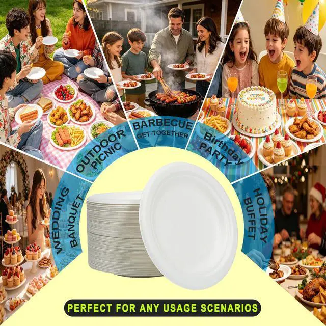 Alt view image 6 of 7 - Disposable Paper Dessert Plates - 6 Inch Biodegradable Compostable Appetizer Plates for Party, Cake, Snacks (100 Pack, Heavy Duty Eco-Friendly) White Small Paper plates