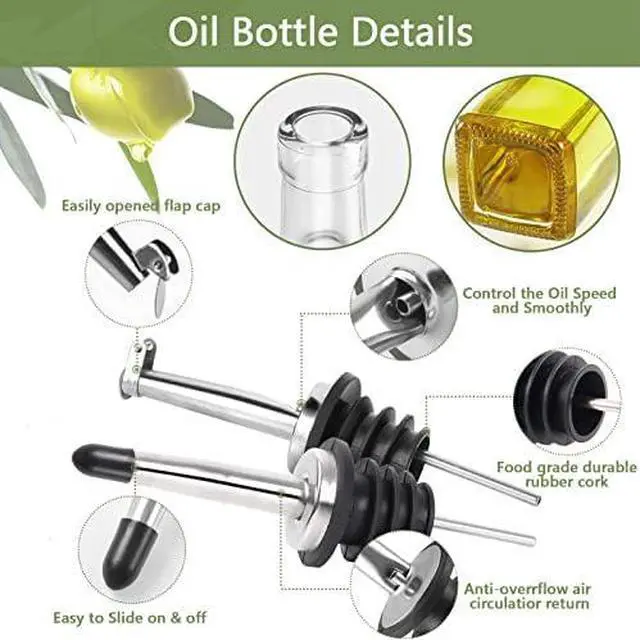 Alt view image 7 of 7 - Olive Oil Dispenser Bottle, 2 Pcs Glass Olive Oil Dispenser and Vinegar Dispenser Set with 2 Stainless Steel Pourers, 4 Labels,1 Brush and 1 Funnel Oil Bottles for Kitchen (500ml)