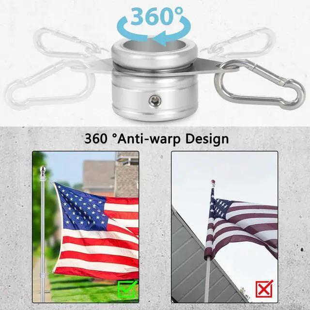 Alt view image 6 of 7 - Flag Pole Rings, Aluminum Alloy Flag Pole Clips Swivels 360° Rotating Anti Wrap Mounting Ring with Carabiner, Flag Pole Kit Parts (:1 Inch -Pack of 2(Silver))