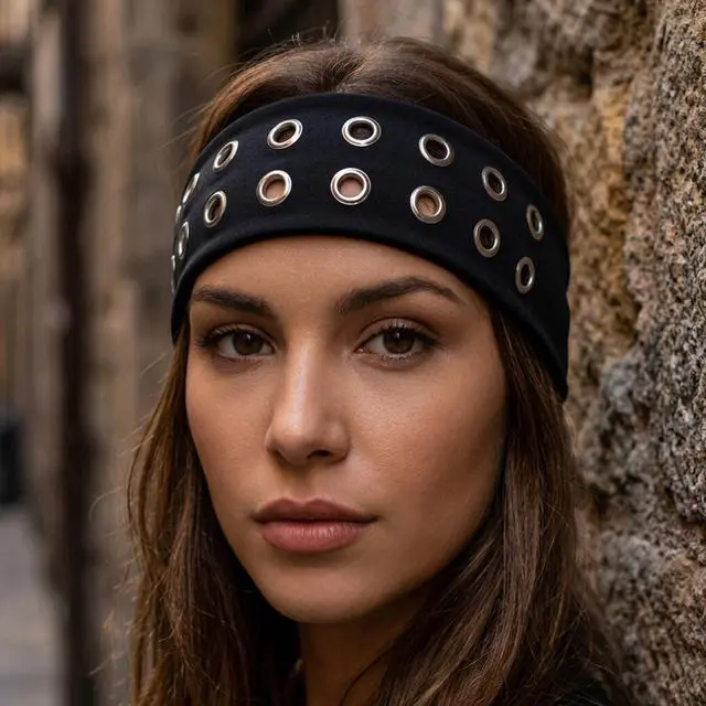 Alt view image 5 of 7 - Edgy Grommet Headband for Women,Punk Rivet Hairband,Y2K Grunge Wide Stretchy Head Band with Hollow Out Eyelets,Alternative Fashion Elastic Hair Accessories for Daily Casual Wear