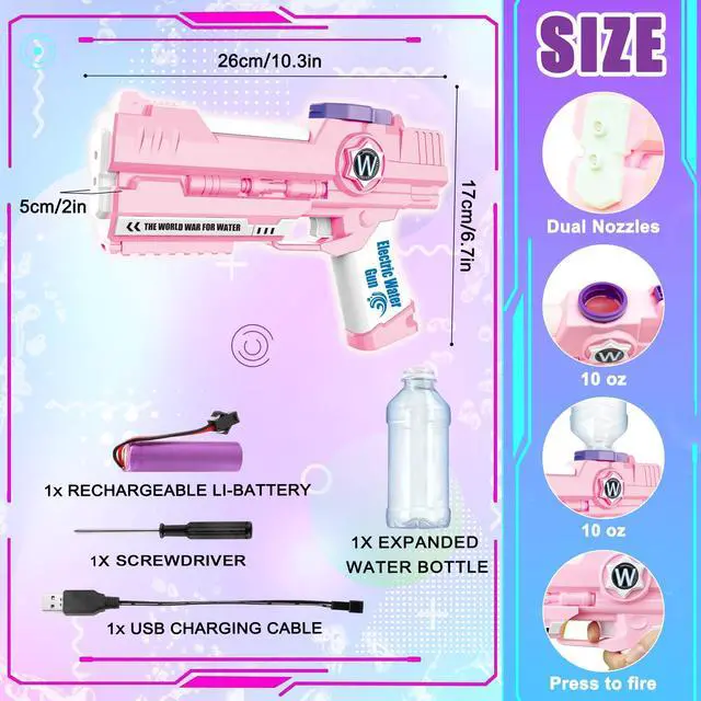 Alt view image 2 of 6 - Electric Water Gun, Ultimate Battle Blaster Water Guns with Dual Nozzles High Capacity Automatic Squirt Guns Summer Outdoor Beach Swimming Pool Party Toy for Adult and Kids (Pink, 1P Pink)