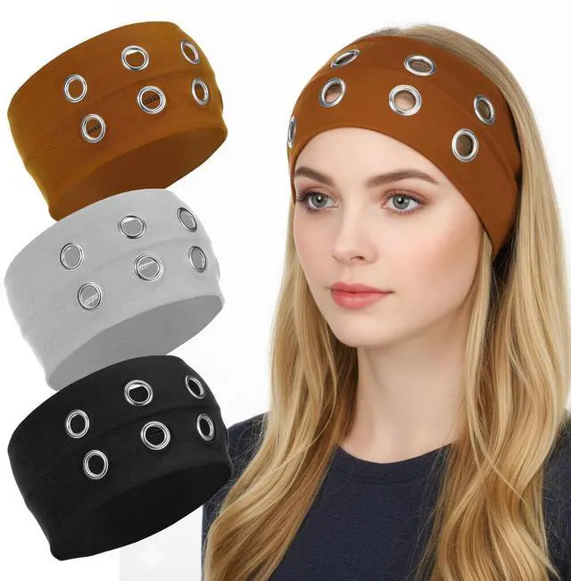 Main image of 3 Pcs Grommet Headband for Women Girls, Hollow Out Elastic Eyelet Headband, Metal Rock Y2K Headbands, Wide Headbands Punk Rock Hair Accessories (Black Brown Light Gray)